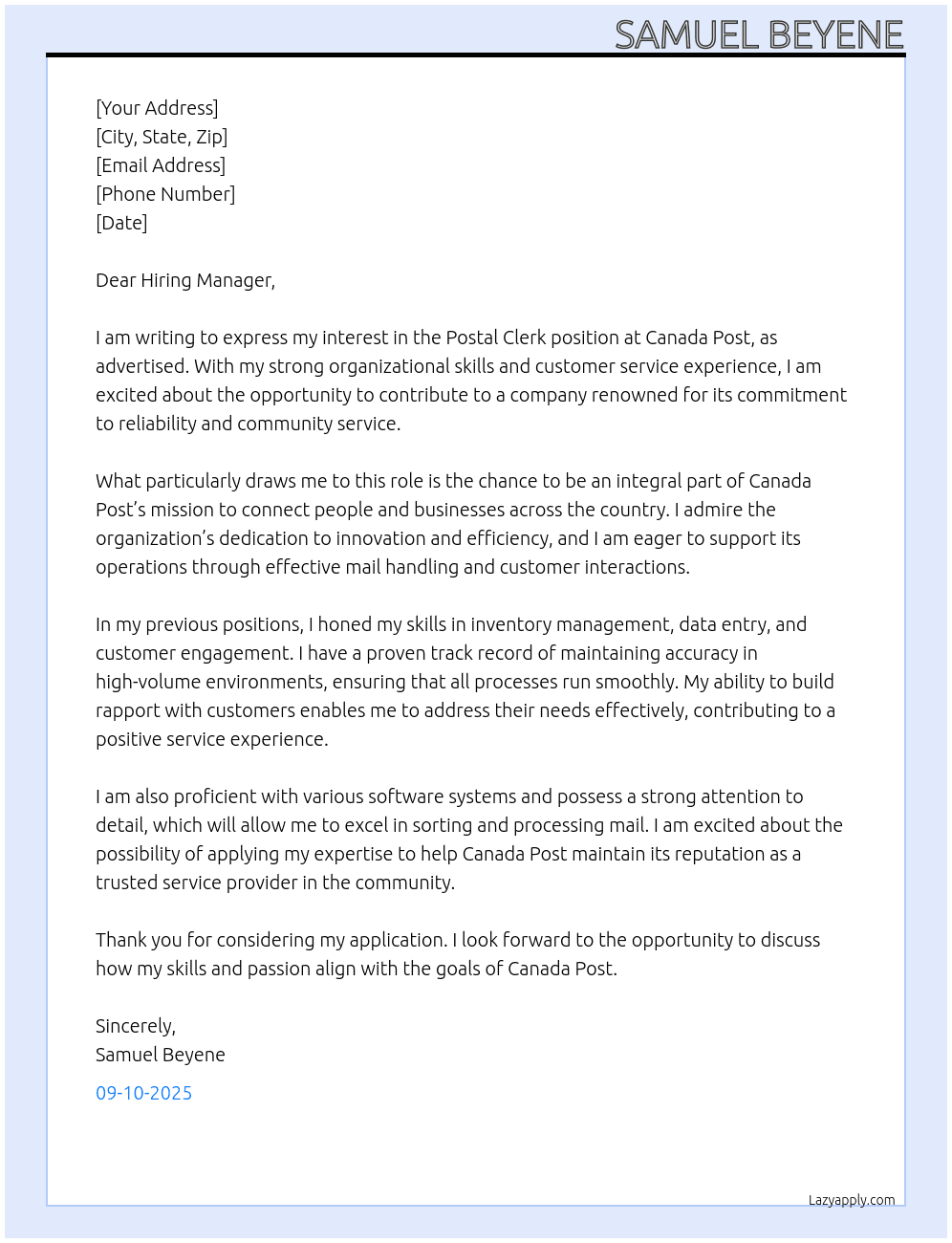 Postal Clerk At Canada Post  Cover Letter