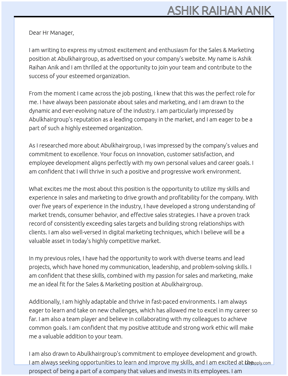 Sales & Marketing At Abulkhairgroup Cover Letter