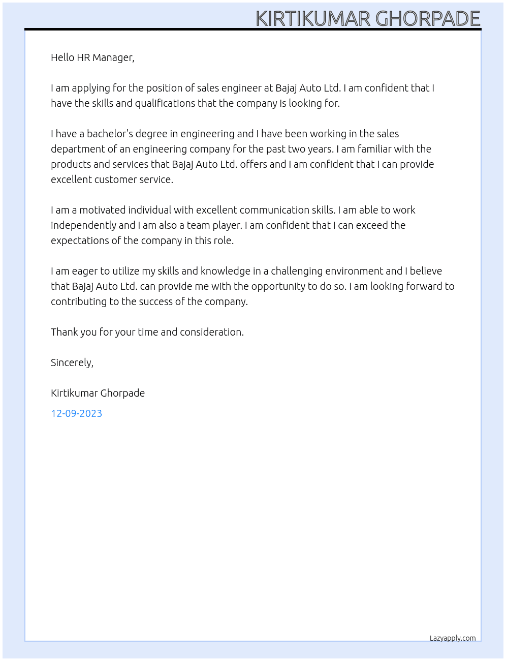 sales engineer At Bajaj Auto Ltd. Cover Letter