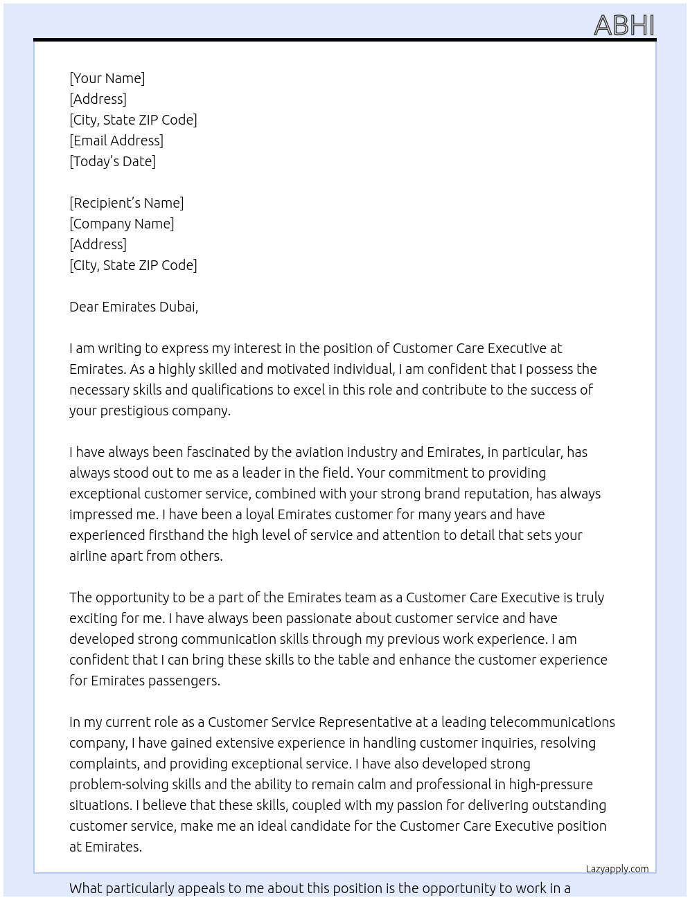 Customer care executive  At Emirates  Cover Letter