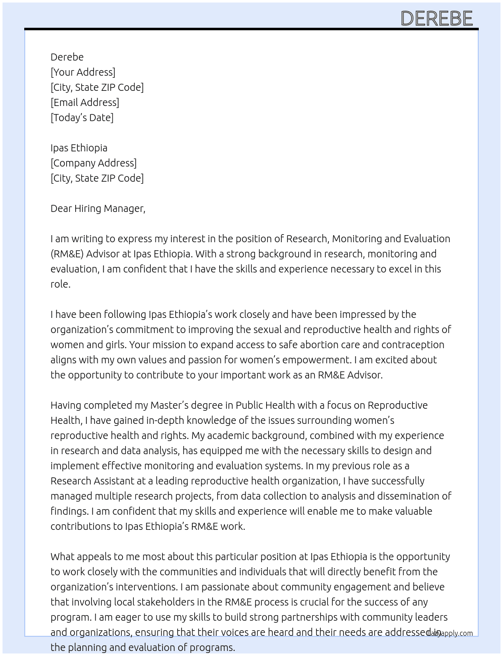 Research, Monitoring and Evaluation (RM&E) Advisor At Ipas Ethiopia Cover Letter