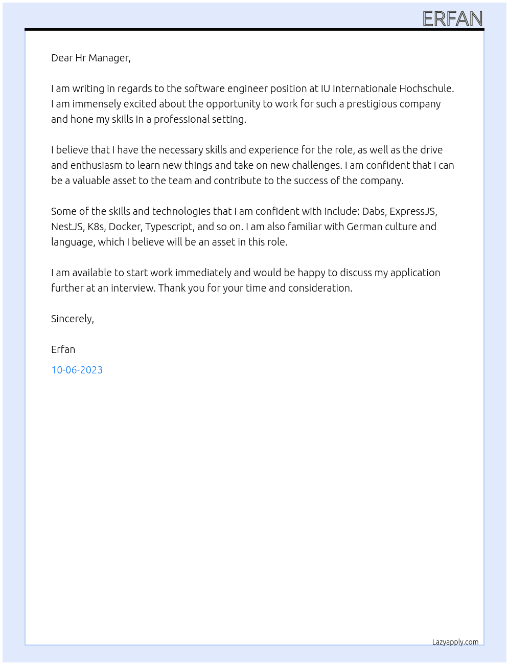 Software engineer  At IU Internationale Hochschule Cover Letter
