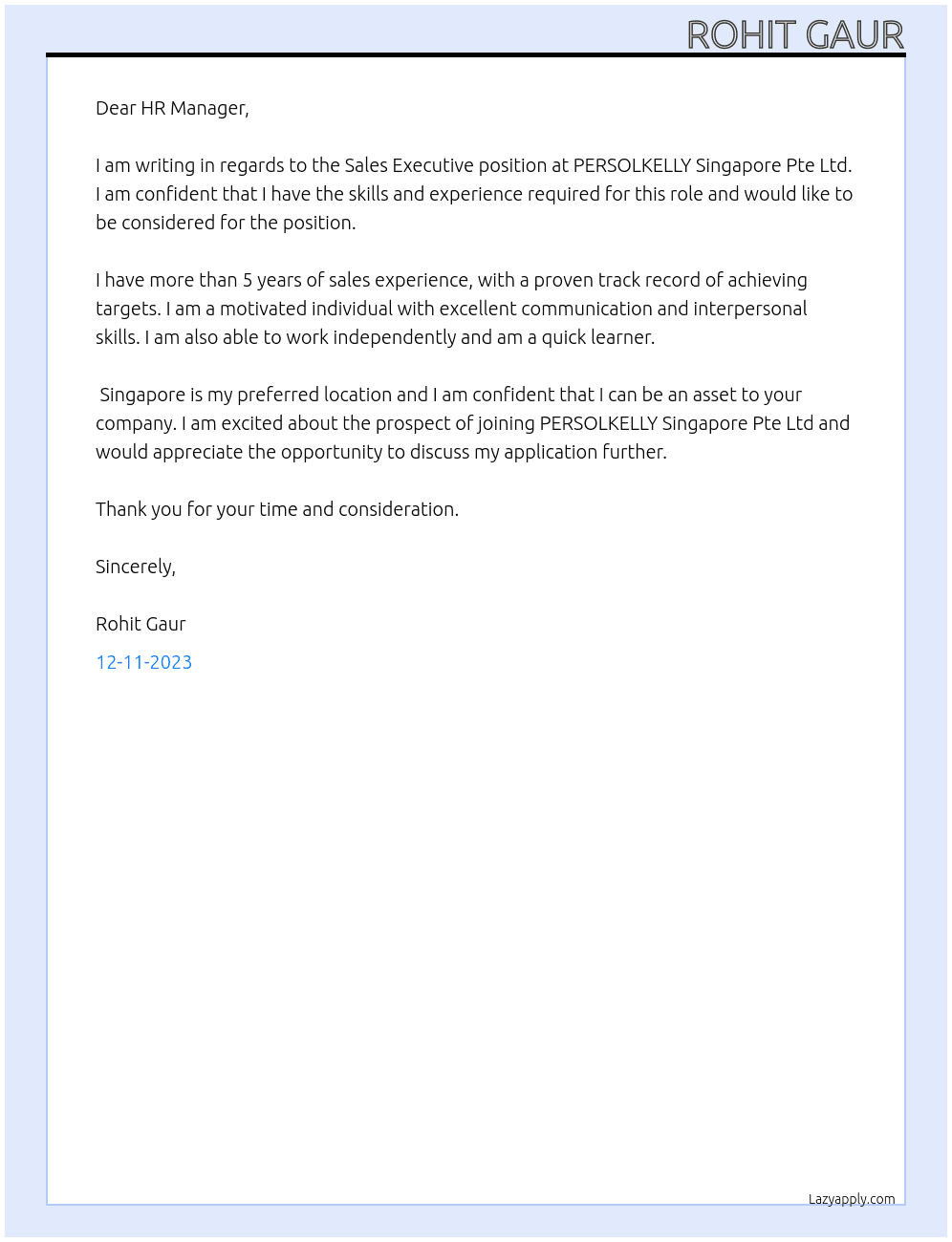 Sales Executive At PERSOLKELLY Singapore Pte Ltd Cover Letter
