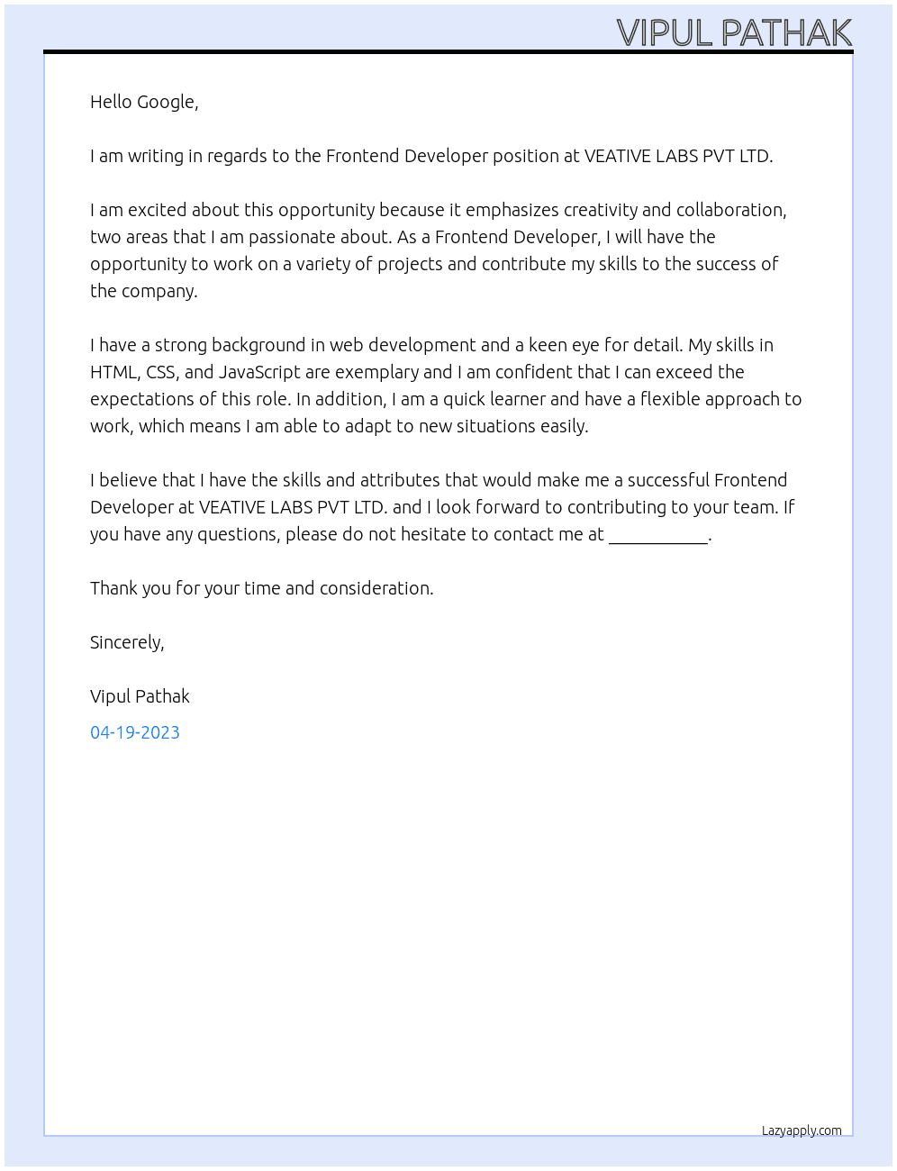 Frontend Developer At VEATIVE LABS PVT LTD Cover Letter
