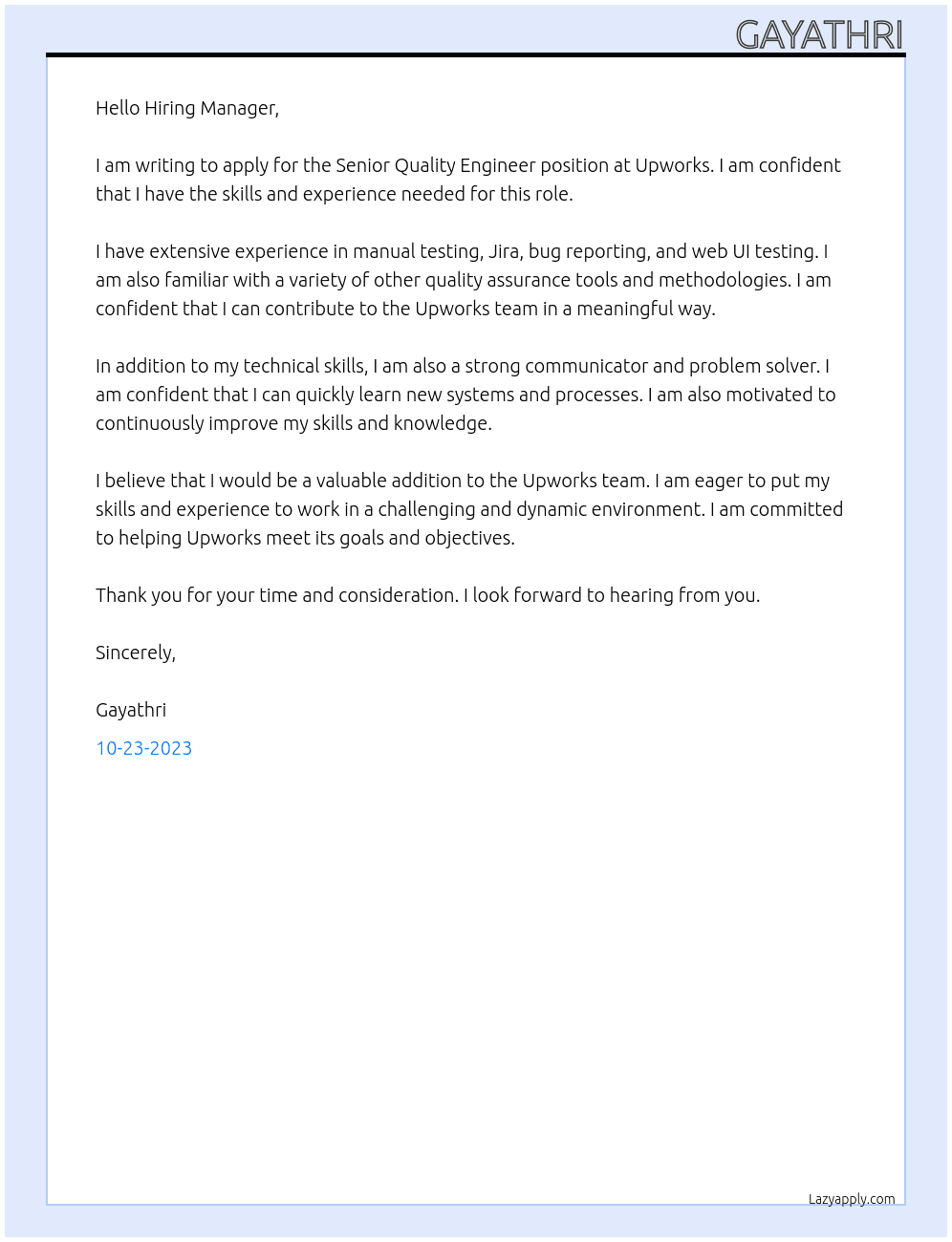 Senior Quality Engineer At Upworks Cover Letter