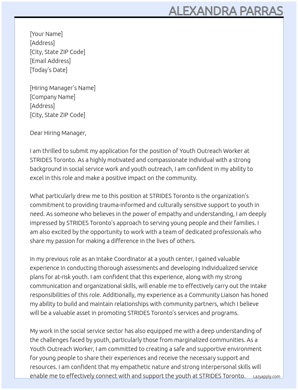 Youth Outreach Worker At STRIDES Toronto Cover Letter