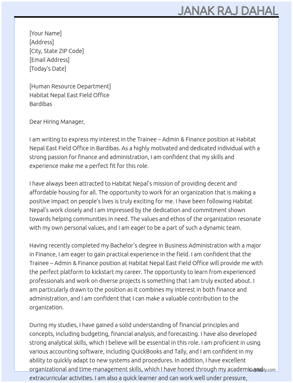 Trainee - Admin & Finance At Habitat Nepal East Field Office , Bardibas Cover Letter