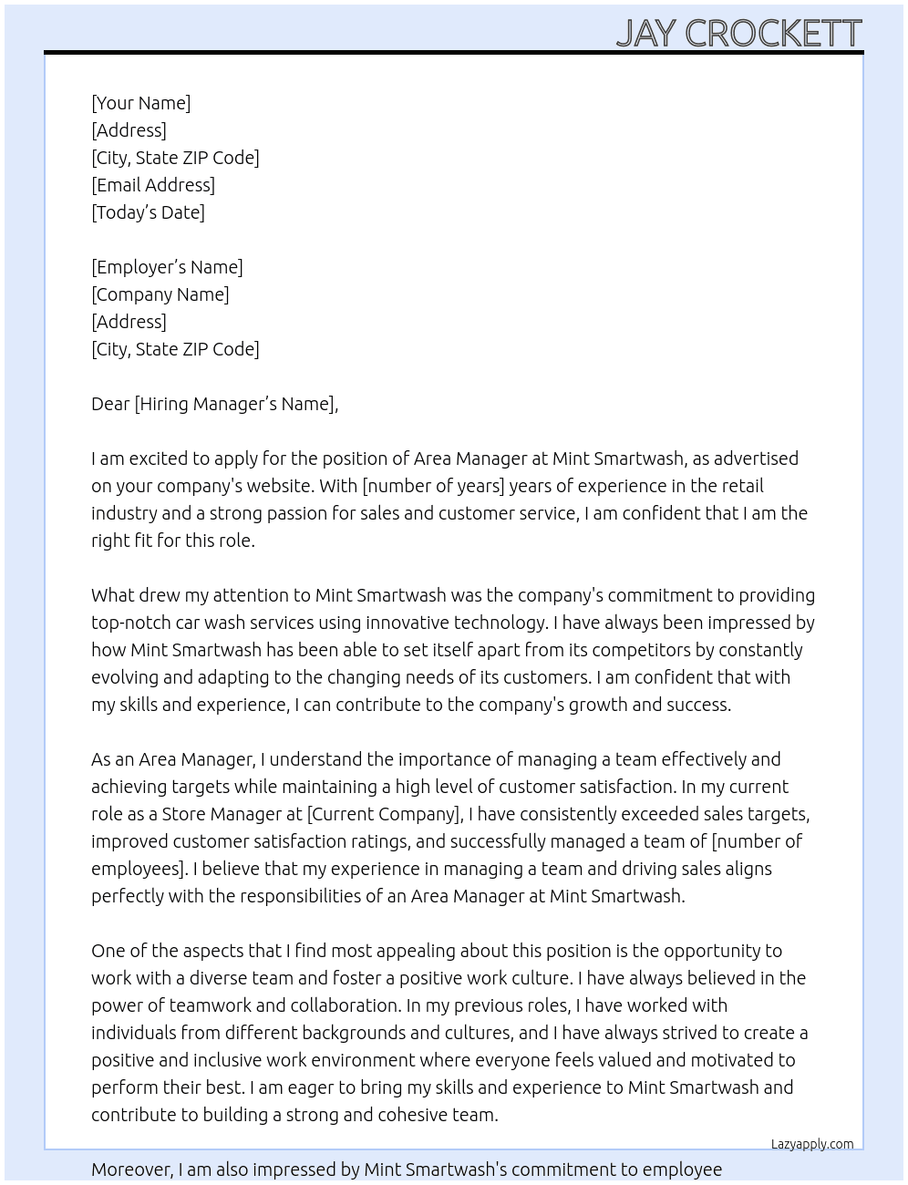 Area Manager  At Mint Smartwash Cover Letter