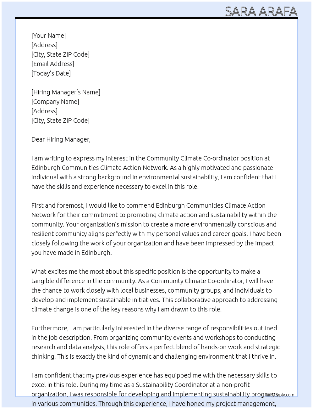 Community Climate Co-ordinator At  Edinburgh Communities Climate Action Network  Cover Letter