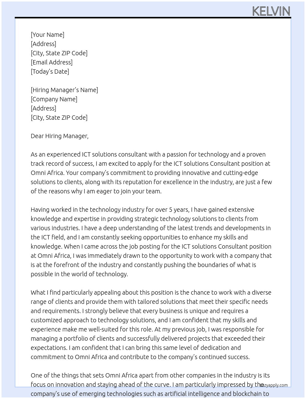 ICT solutions Consultant At Omni Africa Cover Letter