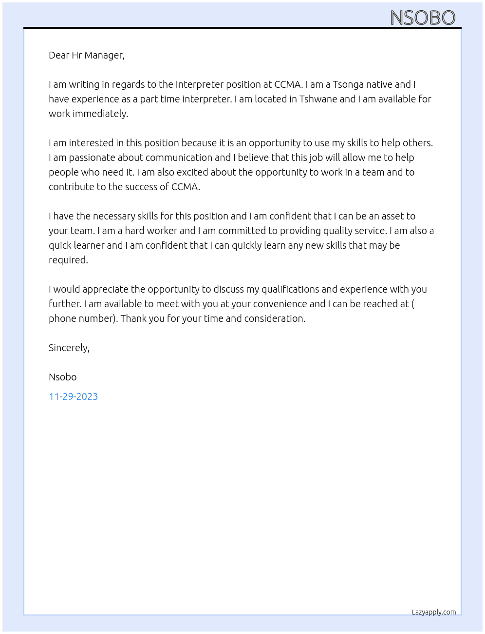 Interpreter  At CCMA  Cover Letter