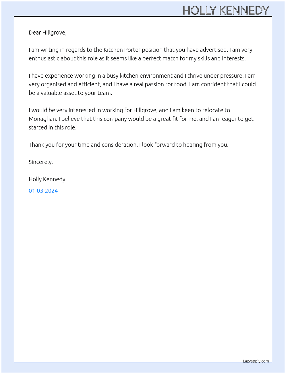 Kitchen porter  At Hillgrove  Cover Letter