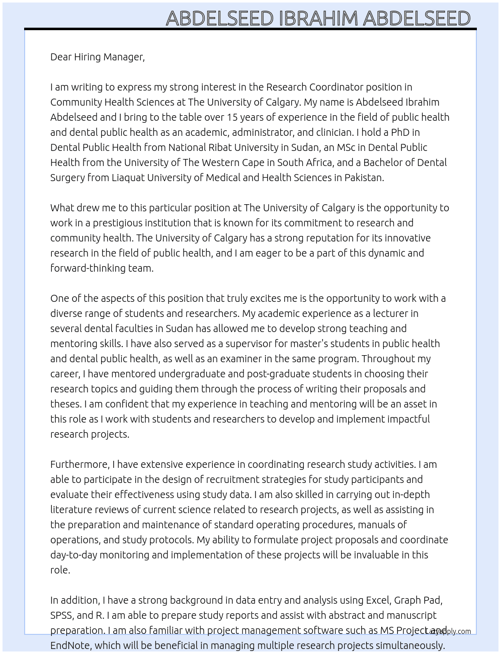 Research Coordinator, Community Health Sciences At The University of Calgary  Cover Letter