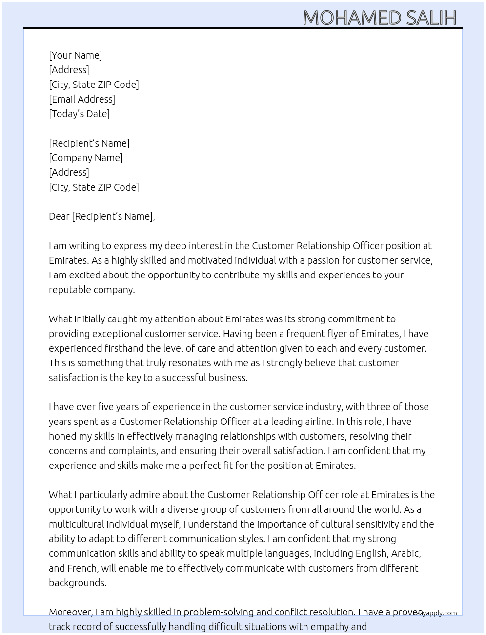 Customer relationship officer  At Emirates  Cover Letter