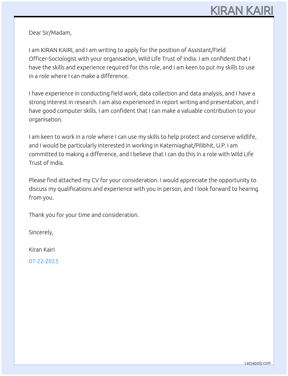 Assistant/Field Officer-Sociologist At Wild Life Trust of India Cover Letter