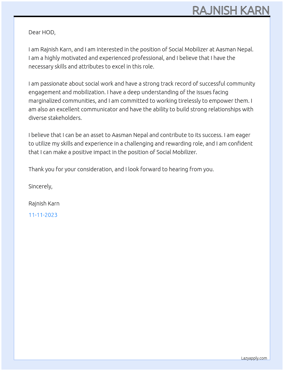 Social mobilizer At Aasman nepal Cover Letter