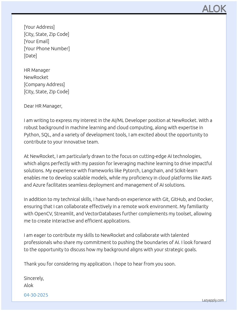 AI/ML Developer At NewRocket Cover Letter