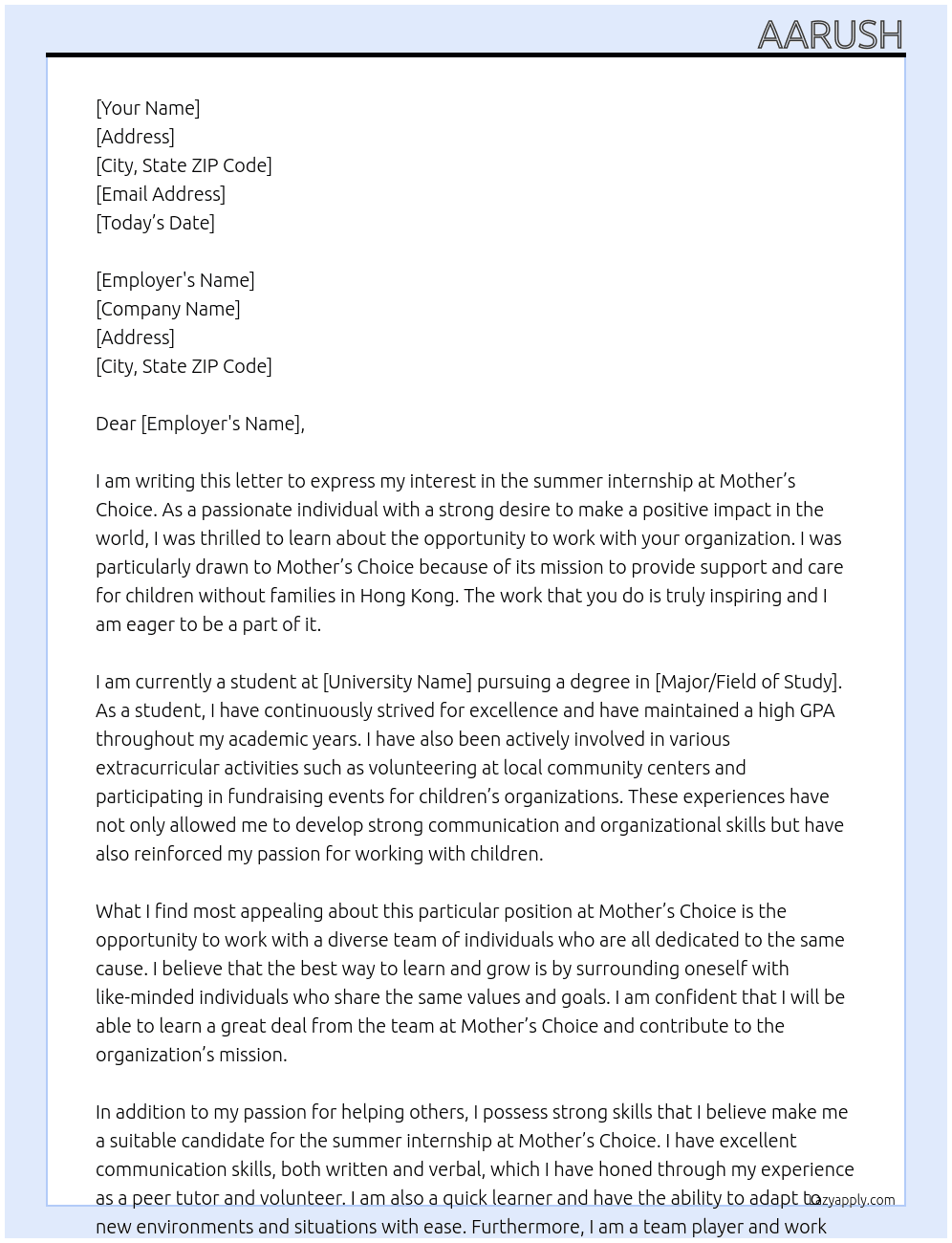 summer internship at Mother's choice  At mothers choice Cover Letter