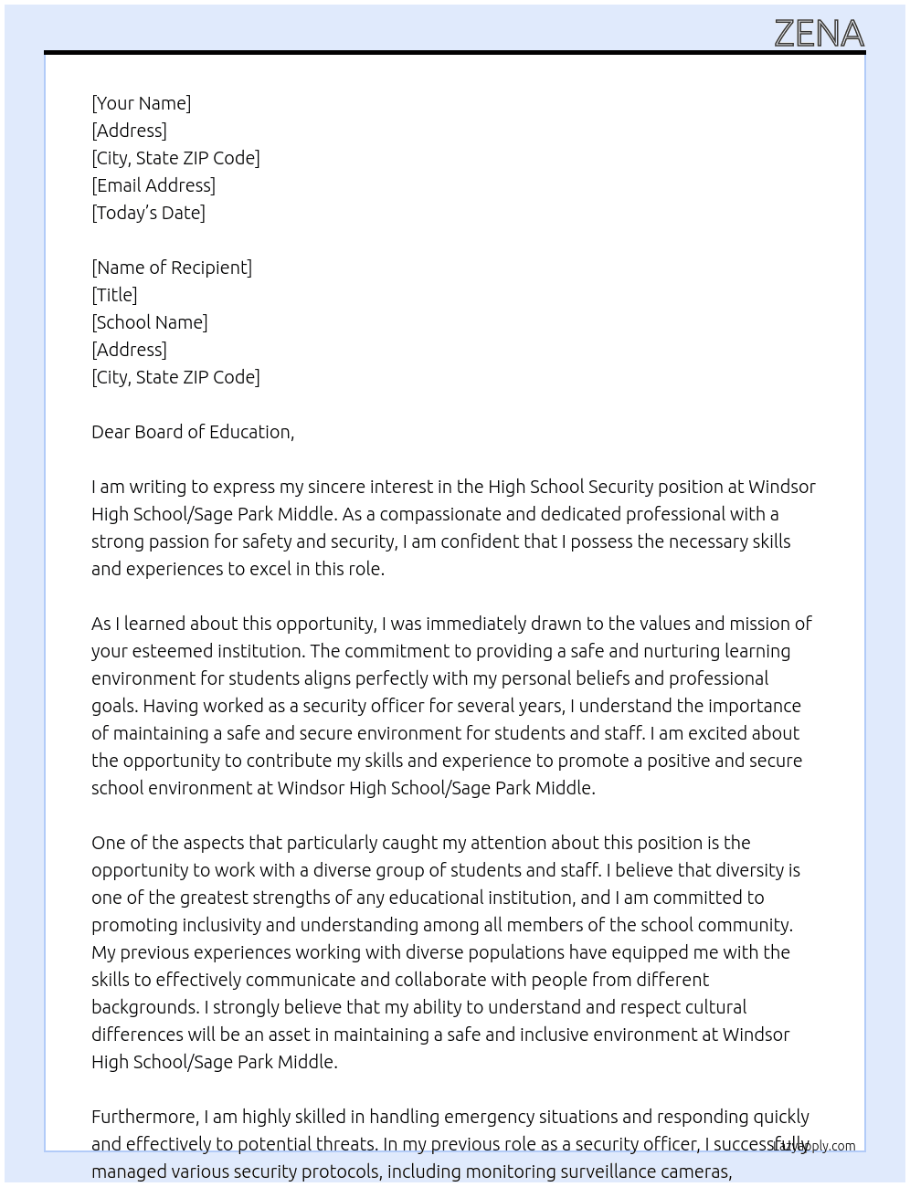 Highschool security  At Windsor High School/Sage Park Middle Cover Letter