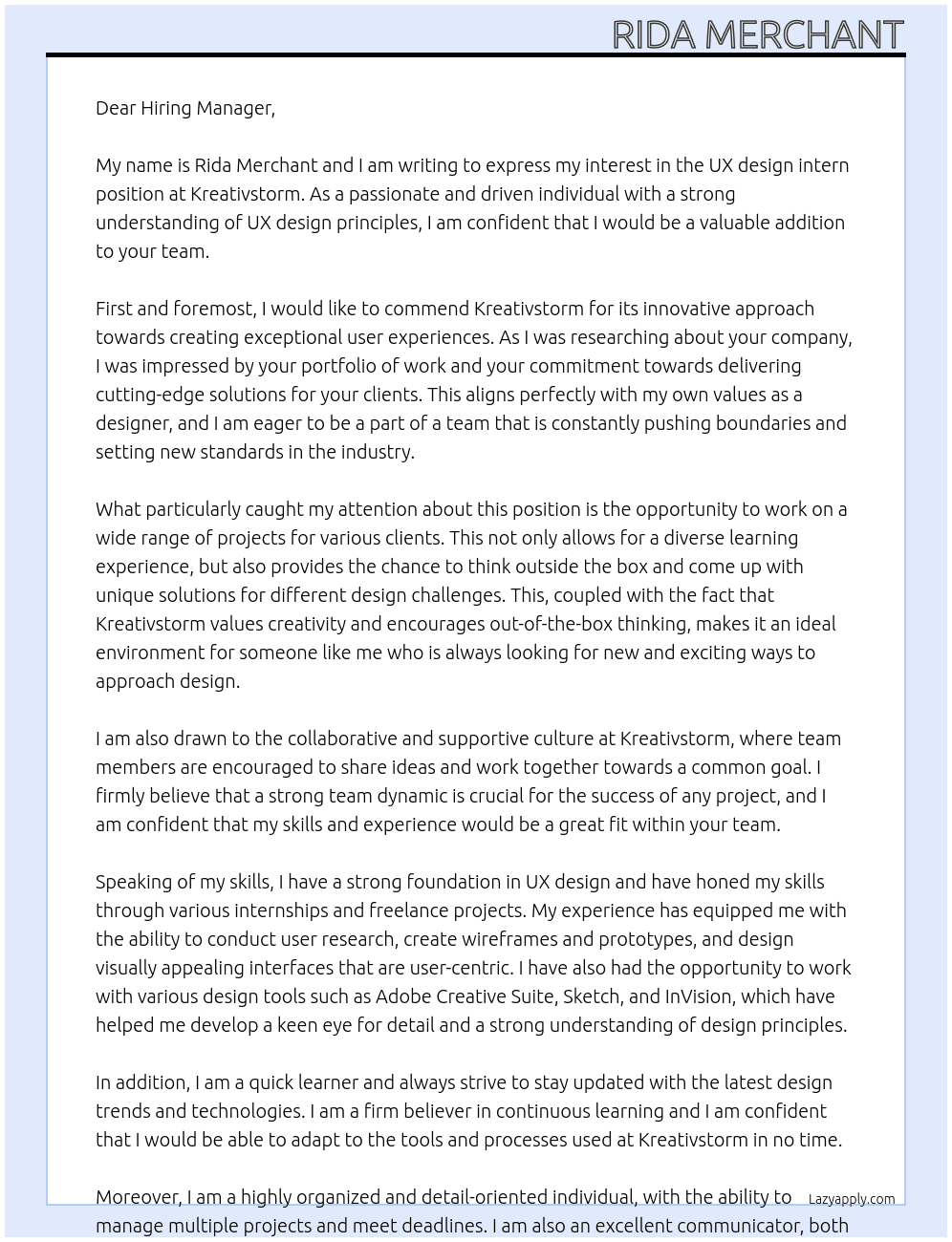 UX design intern At Kreativstorm Cover Letter
