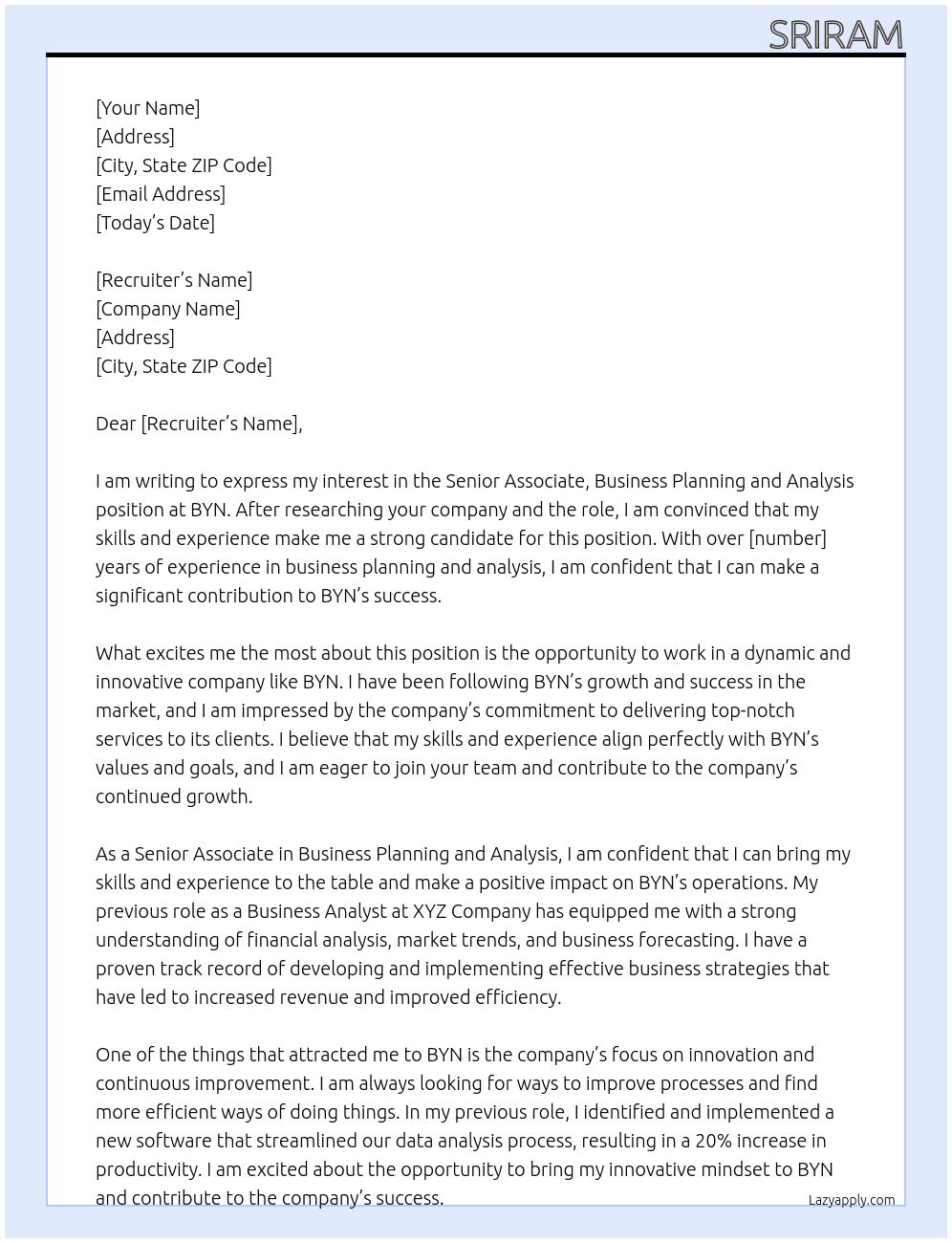 Senior Associate, Business Planning and Analysis At BYN Cover Letter