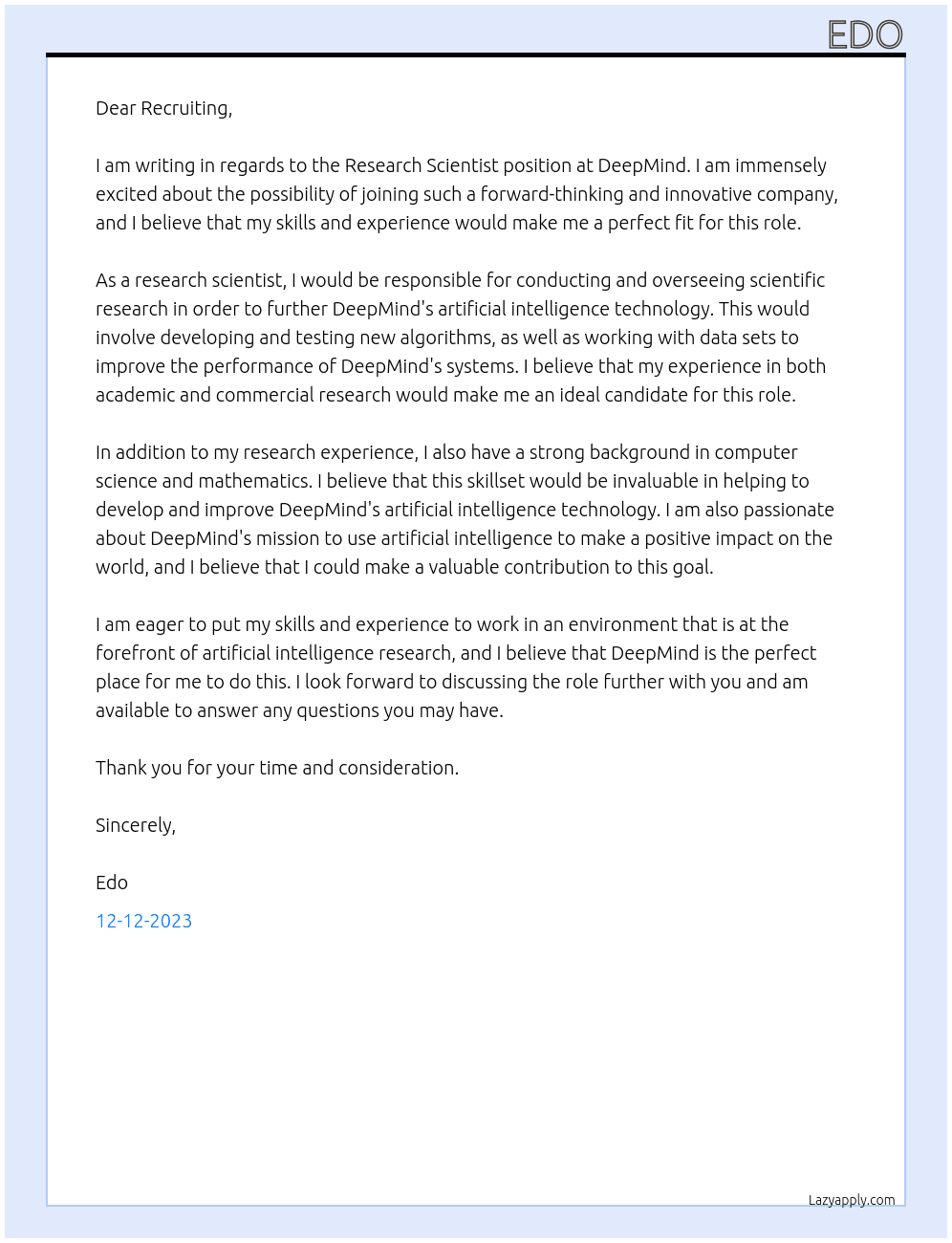 Research Scientist At DeepMind Cover Letter