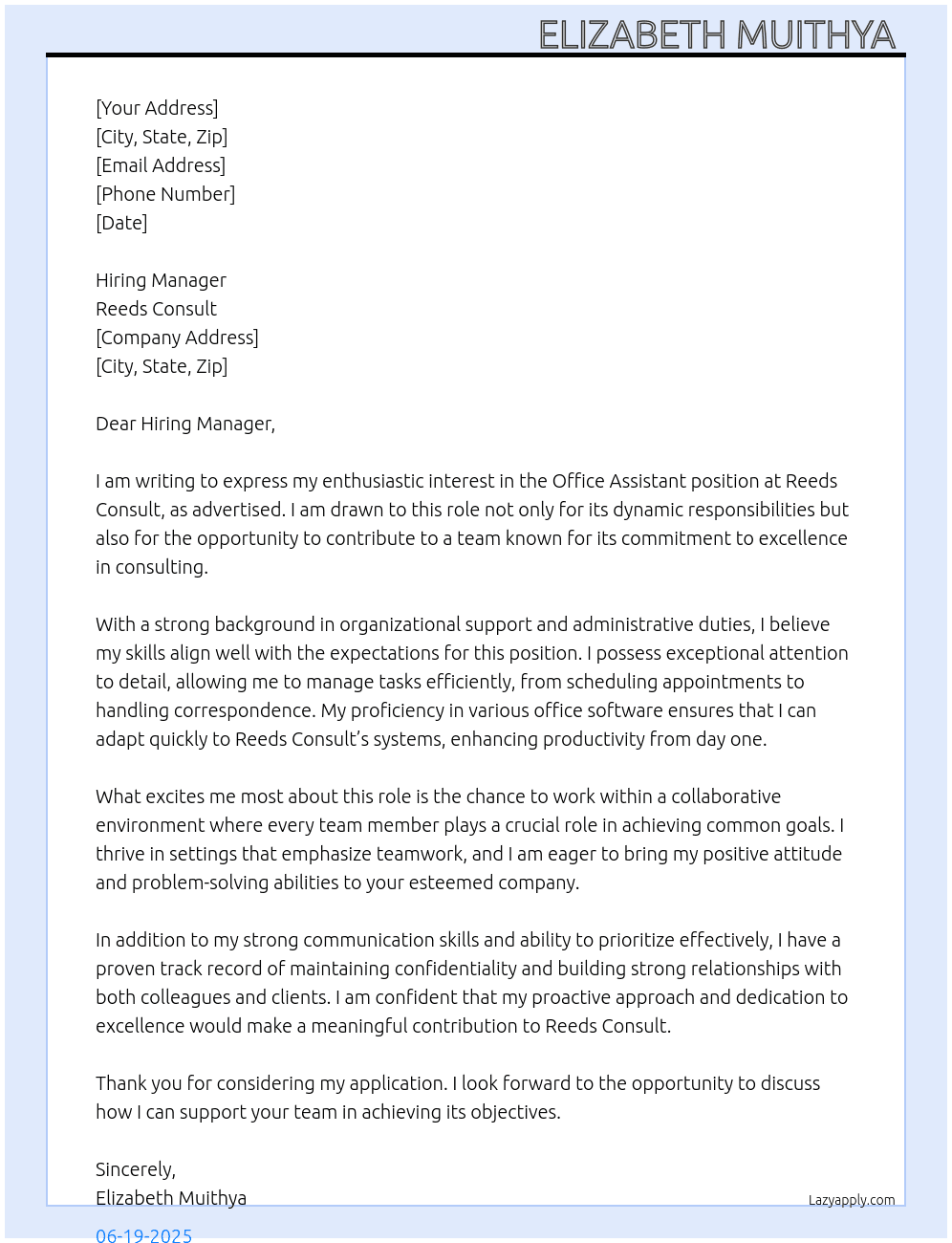 Office assistant  At Reeds consult Cover Letter