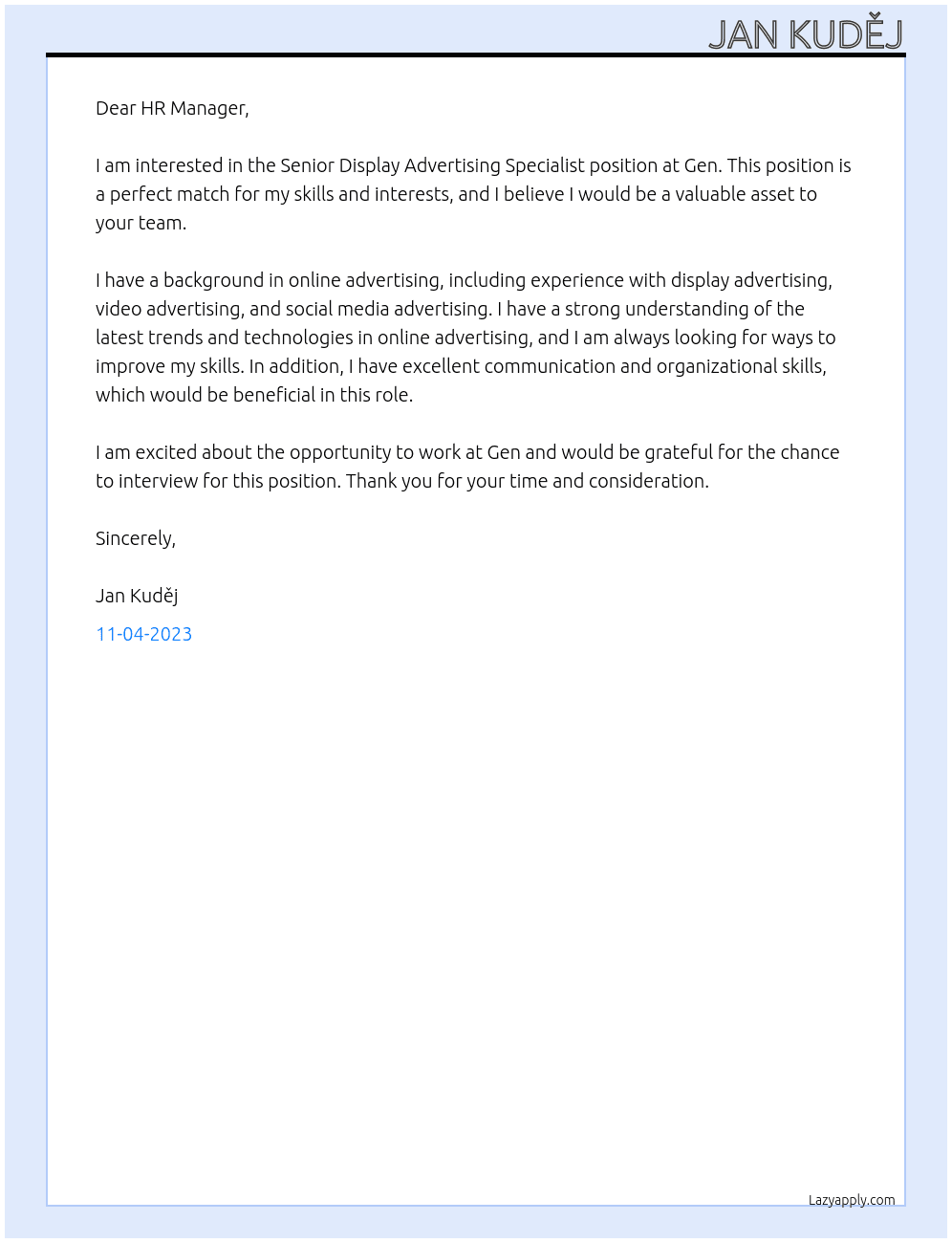 Senior Display Advertising Specialist At Gen Cover Letter