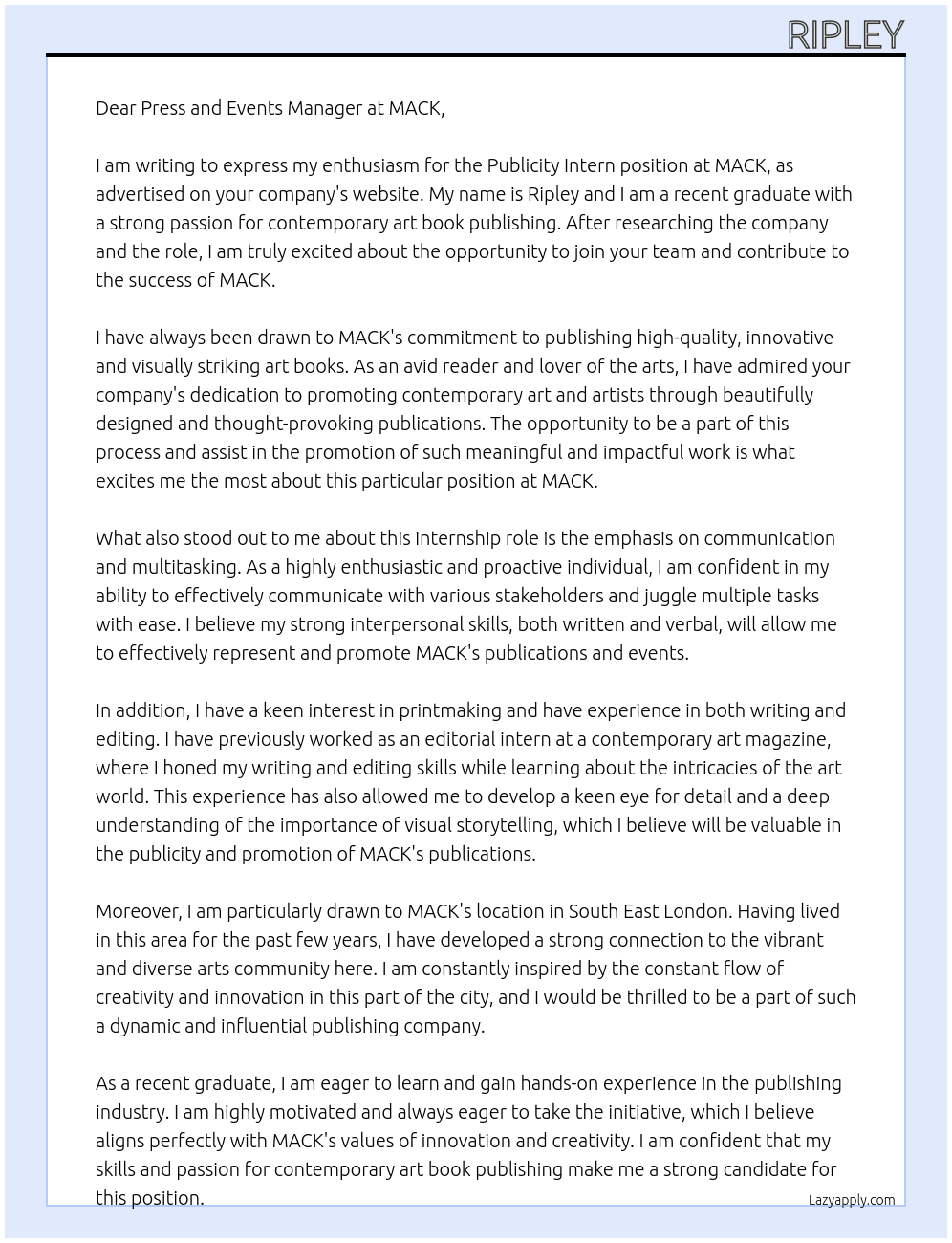 Publicity Intern at art book publisher At MACK Cover Letter