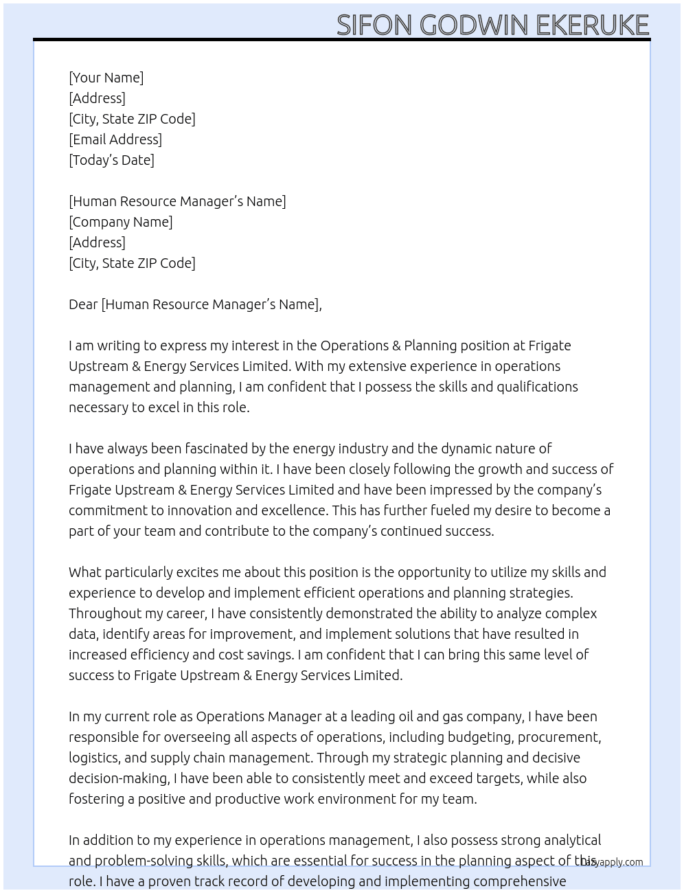 Operations & Planning At Frigate Upstream & Energy Services Limited Cover Letter