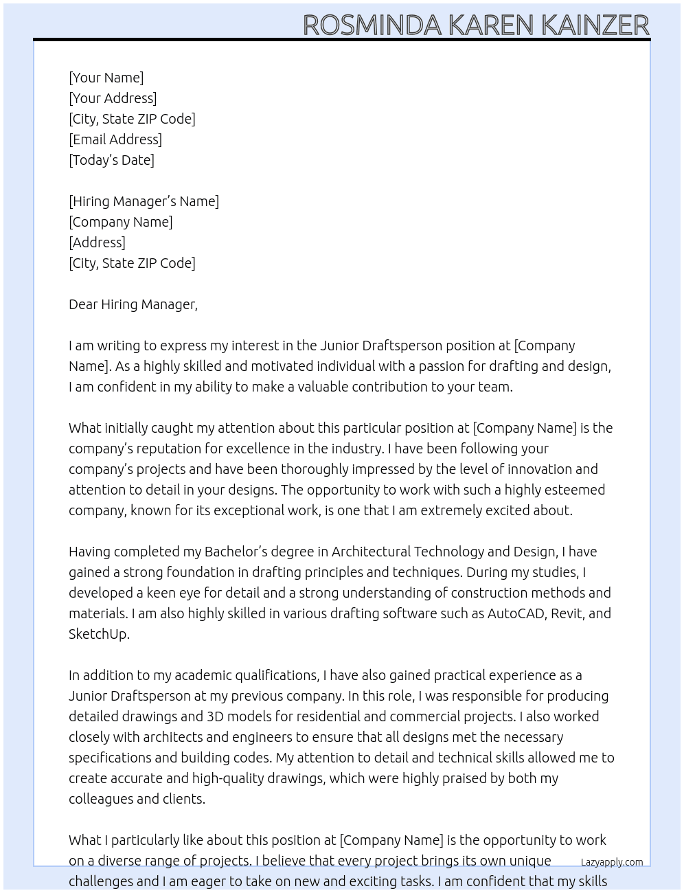 Cover letter for junior draftsperson - LazyApply