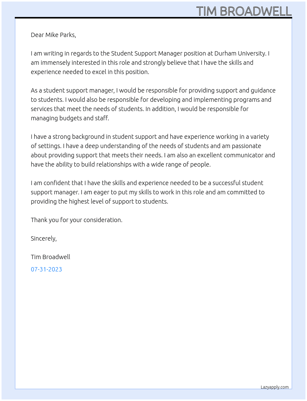 Student Support Manager At Durham Univeristy Cover Letter