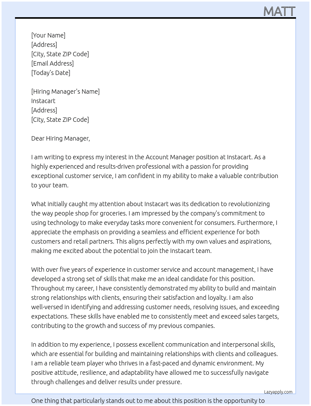 Account Manager At Instacart Cover Letter