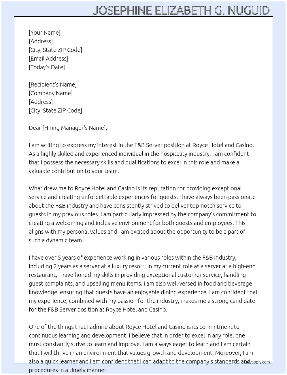 F&B Server At Royce Hotel and Casino Cover Letter