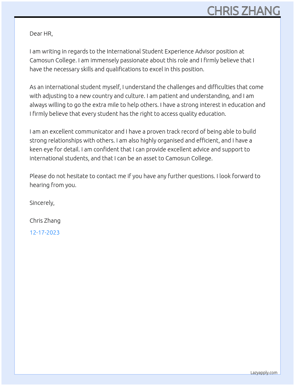 International student experience advisor  At Camosun college Cover Letter