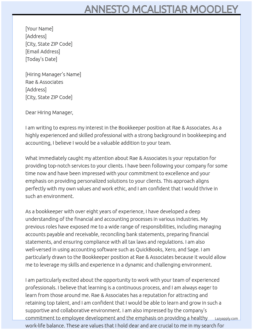 Bookkeeper At Rae & Associates Cover Letter