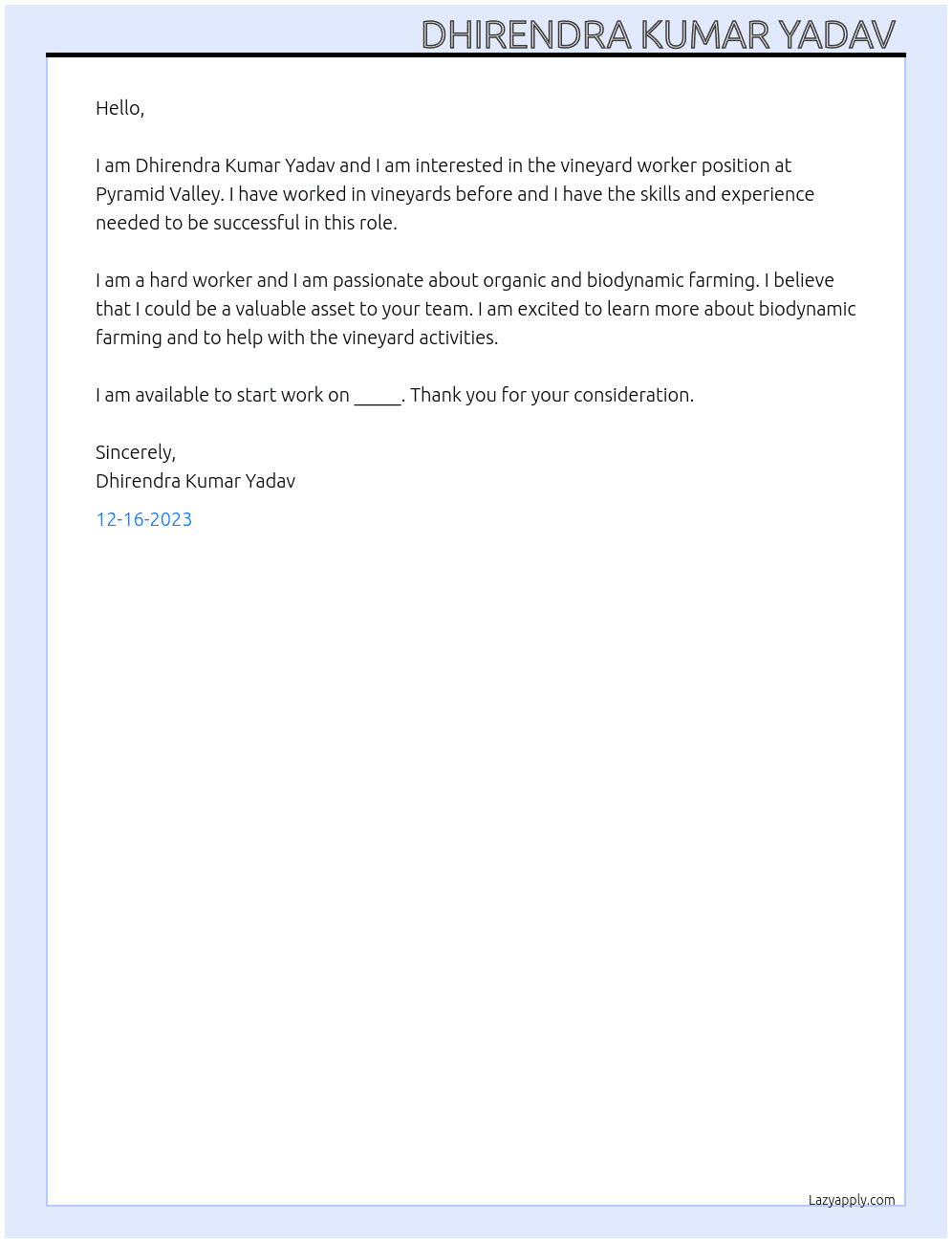 Vineyard workers needed At Picknz Cover Letter