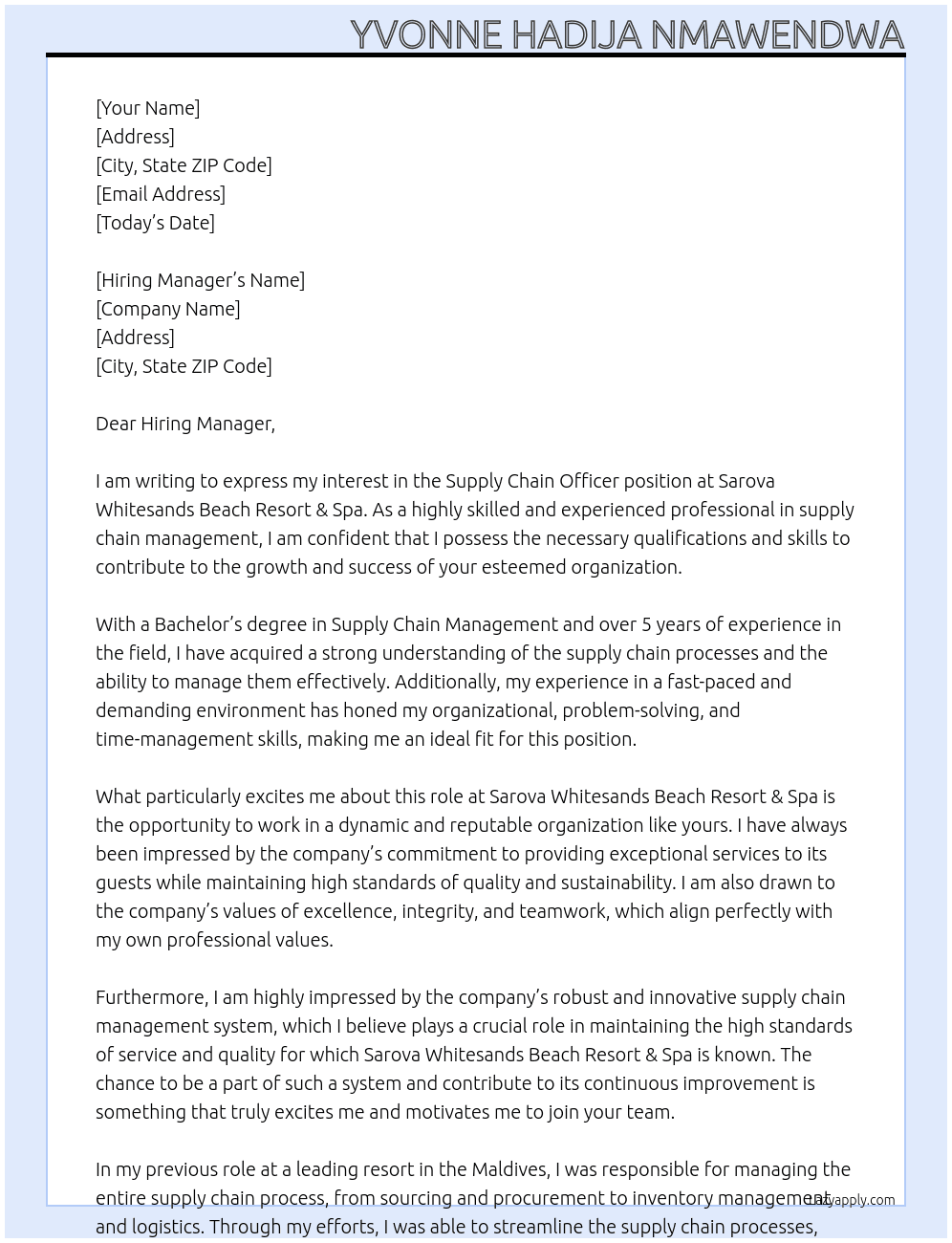 Supply Chain officer At Sarova Whitesands Beach Resort & Spa Cover Letter