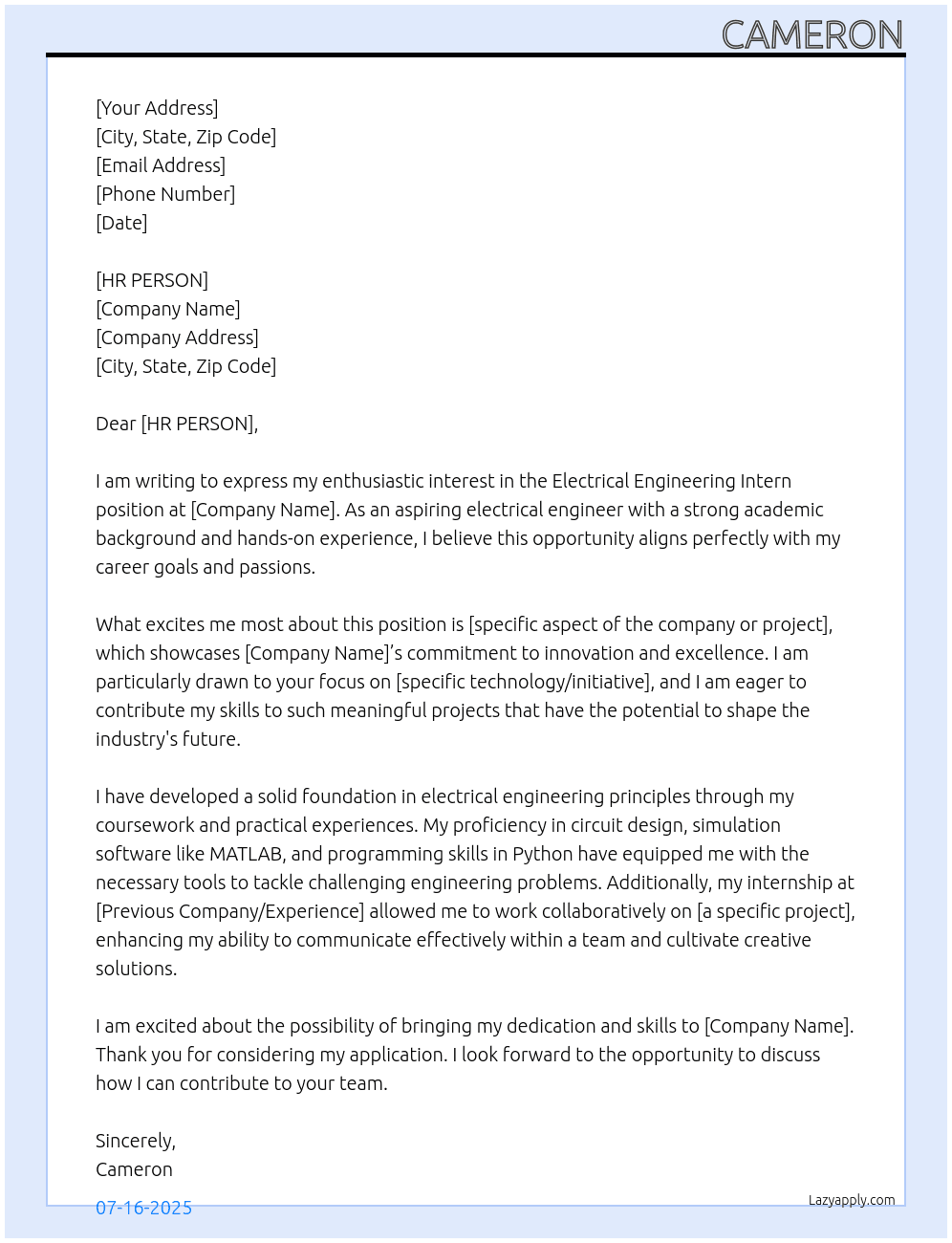 electrical engineering intern At [BLANK] Cover Letter