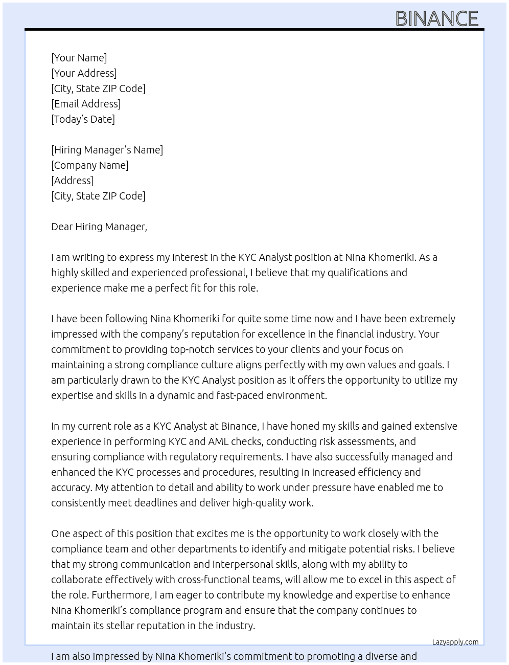 KYC Analyst At Nina Khomeriki Cover Letter