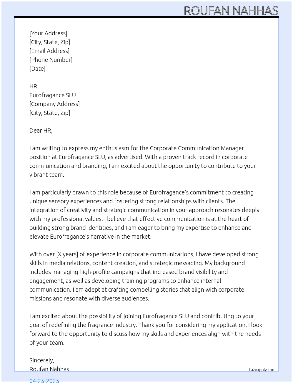 Corporate Communication Manager  At Eurofragance SLU Cover Letter