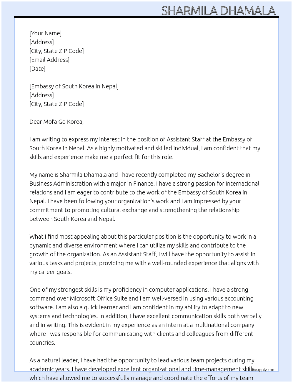 Assistant staff  At Embassy of south Korea in Nepal  Cover Letter