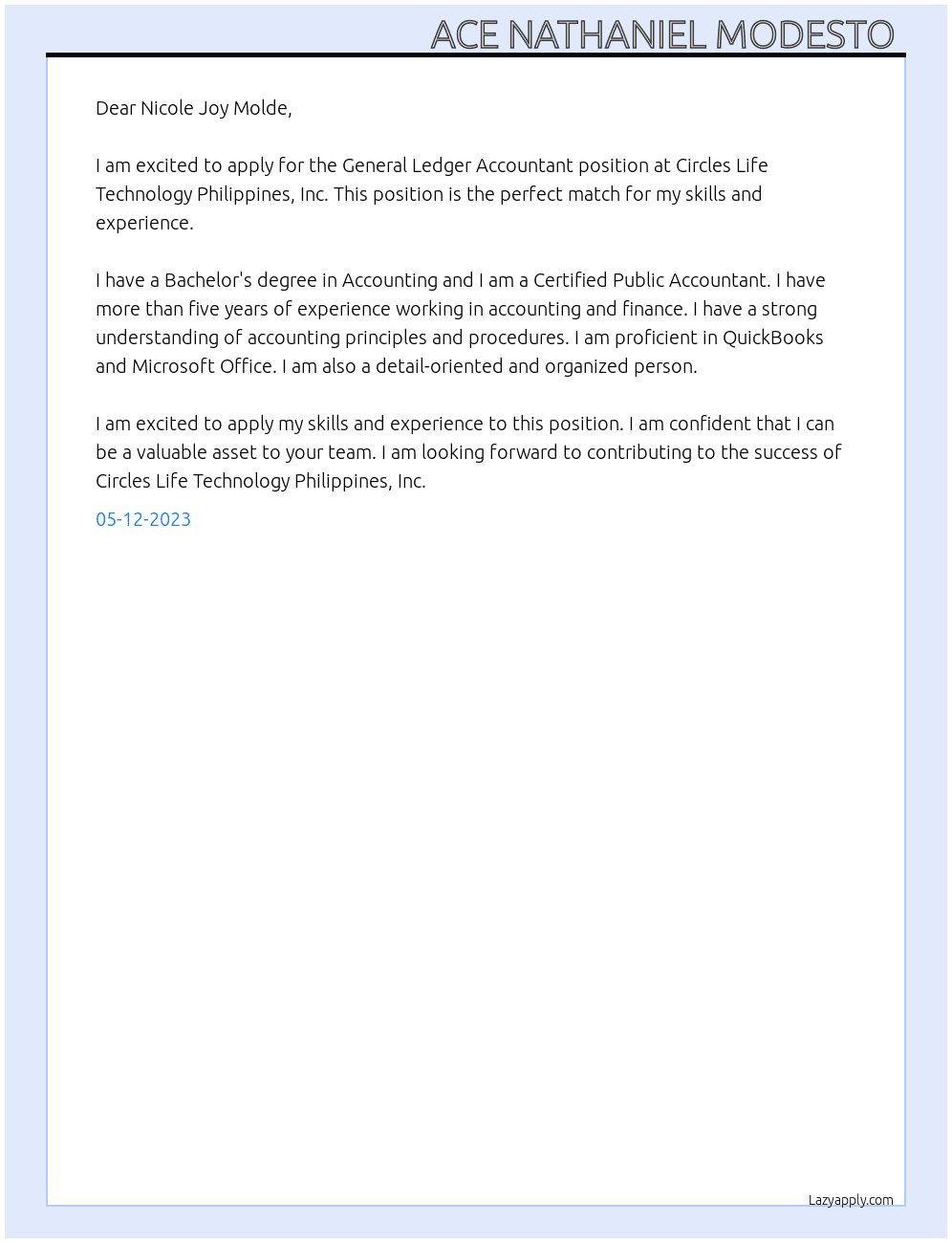 General Ledger Accountant  At Circles Life Technology Philippines, Inc.  Cover Letter