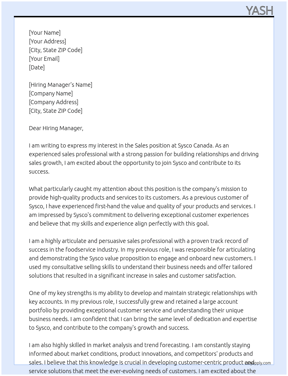 Sales  At Sysco Canada Cover Letter