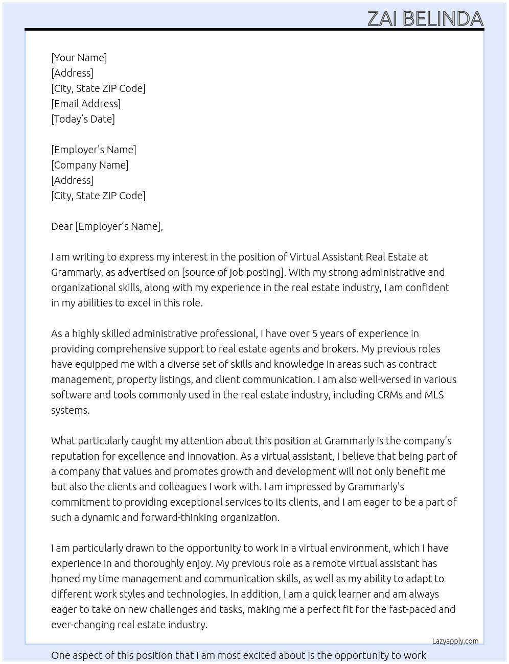 Cover letter for virtual assistant real estate - LazyApply