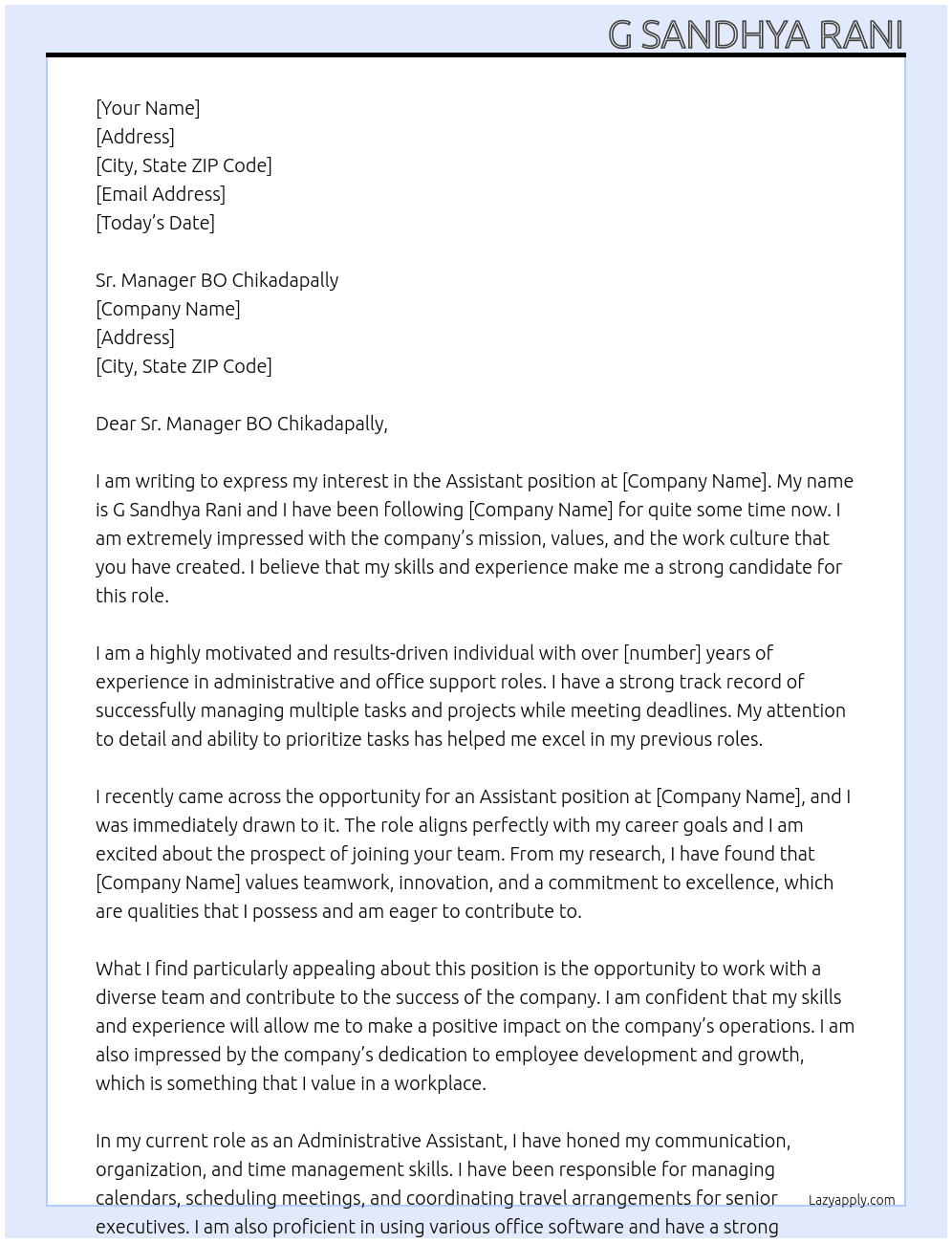 assistant At not able to get election duty due to personal health problems  Cover Letter