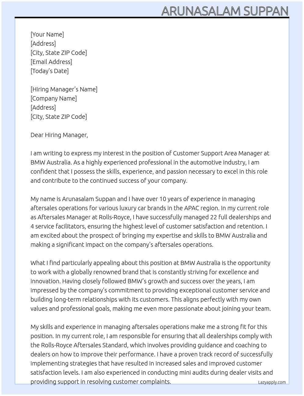 Customer Support Area Manager At BMW Australia Cover Letter