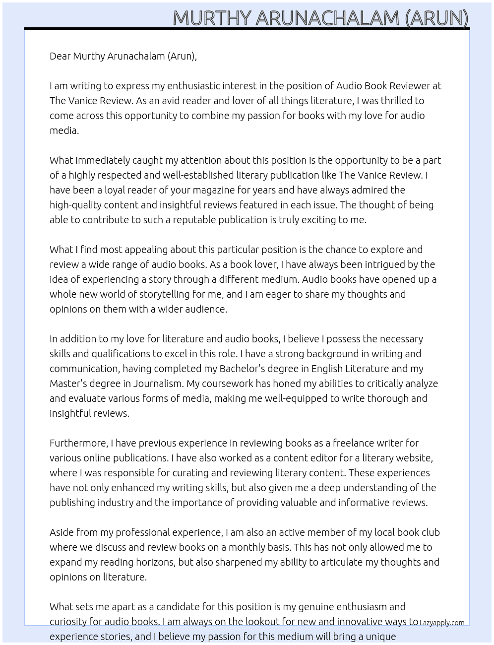 Audio Book Reviewer At The Vanice Review Cover Letter