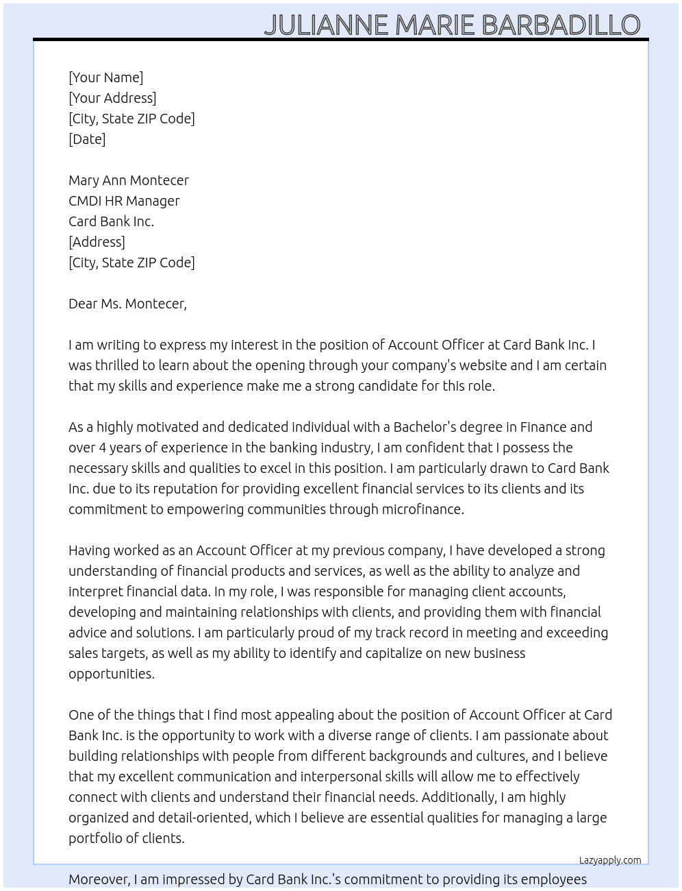 Account officer  At Card Bank Inc. Cover Letter