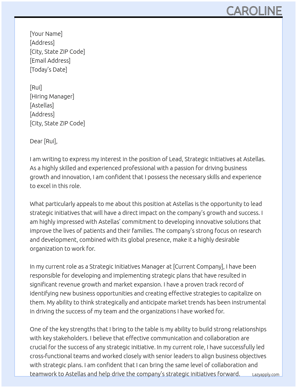 Lead, Strategic initiatives At Astellas Cover Letter